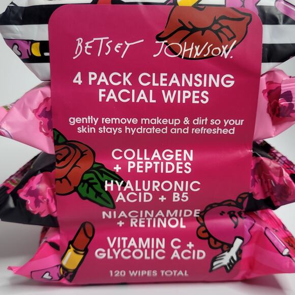 Betsey Johnson 4 Pack Cleansing Face Wipes Collagen Peptides 120 Wipes Total NIP - Picture 2 of 6